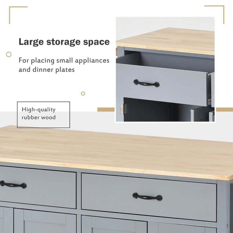Carrello da Cucina/Isola Essenziale in MDF con Piano in Legno Massello, Ruote Bloccabili e Portaspezie