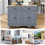 Carrello da Cucina/Isola Essenziale in MDF con Piano in Legno Massello, Ruote Bloccabili e Portaspezie