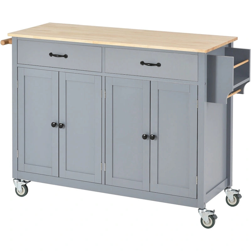 Carrello da Cucina/Isola Essenziale in MDF con Piano in Legno Massello, Ruote Bloccabili e Portaspezie