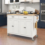 Carrello da Cucina/Isola Essenziale in MDF con Piano in Legno Massello, Ruote Bloccabili e Portaspezie