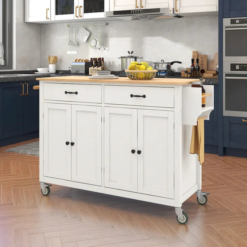 Carrello da Cucina/Isola Essenziale in MDF con Piano in Legno Massello, Ruote Bloccabili e Portaspezie