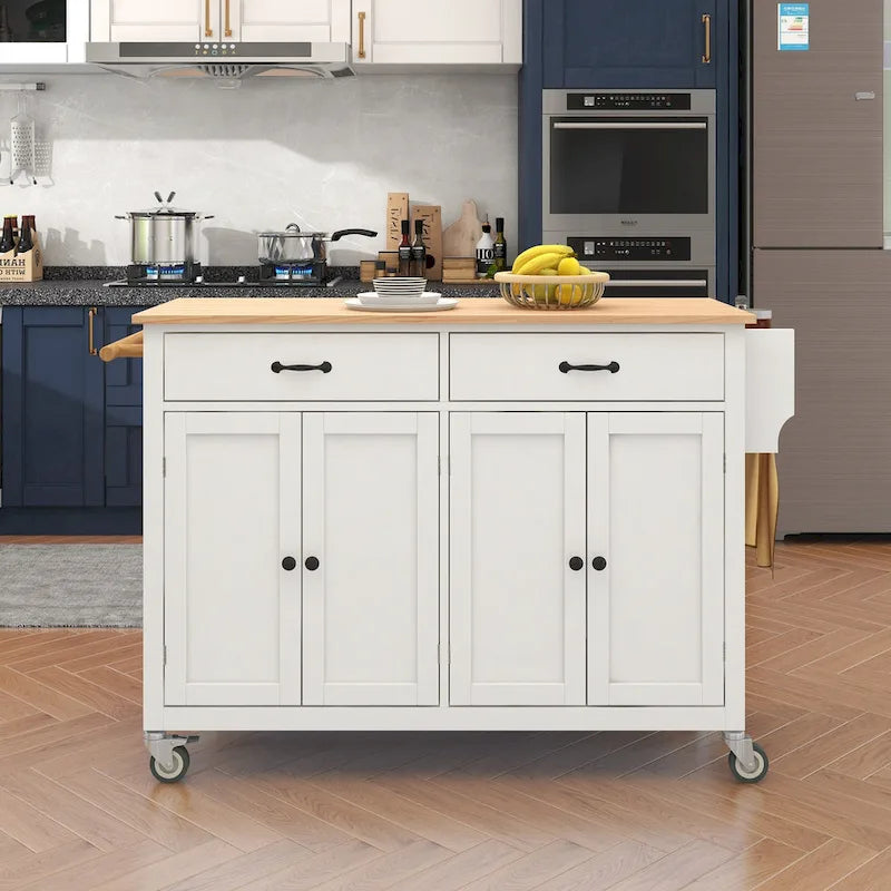 Carrello da Cucina/Isola Essenziale in MDF con Piano in Legno Massello, Ruote Bloccabili e Portaspezie