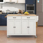 Carrello da Cucina/Isola Essenziale in MDF con Piano in Legno Massello, Ruote Bloccabili e Portaspezie