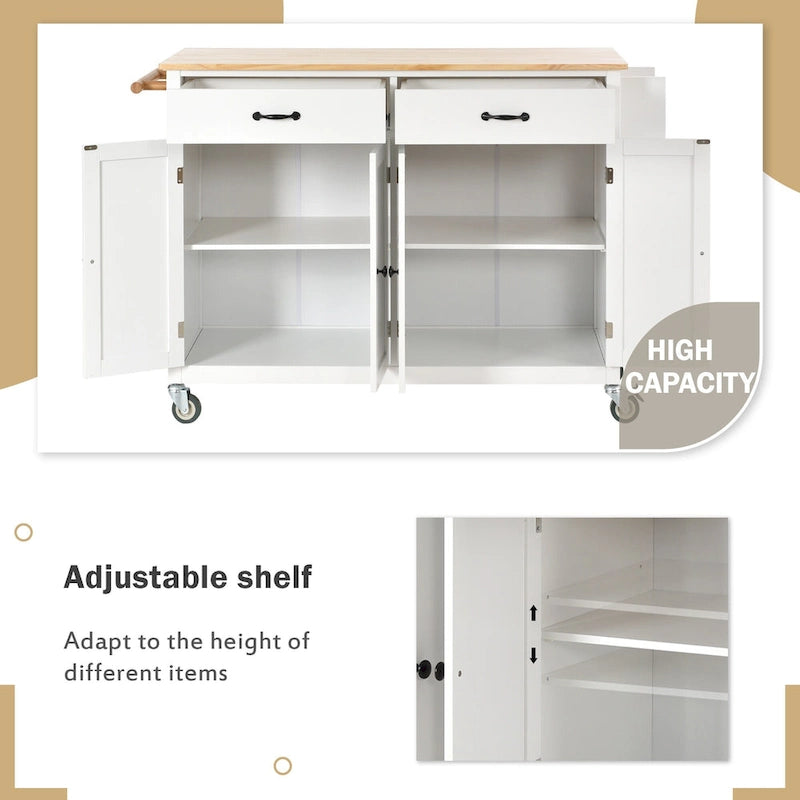 Carrello da Cucina/Isola Essenziale in MDF con Piano in Legno Massello, Ruote Bloccabili e Portaspezie