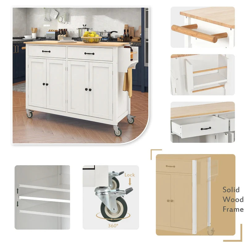 Carrello da Cucina/Isola Essenziale in MDF con Piano in Legno Massello, Ruote Bloccabili e Portaspezie