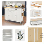 Carrello da Cucina/Isola Essenziale in MDF con Piano in Legno Massello, Ruote Bloccabili e Portaspezie
