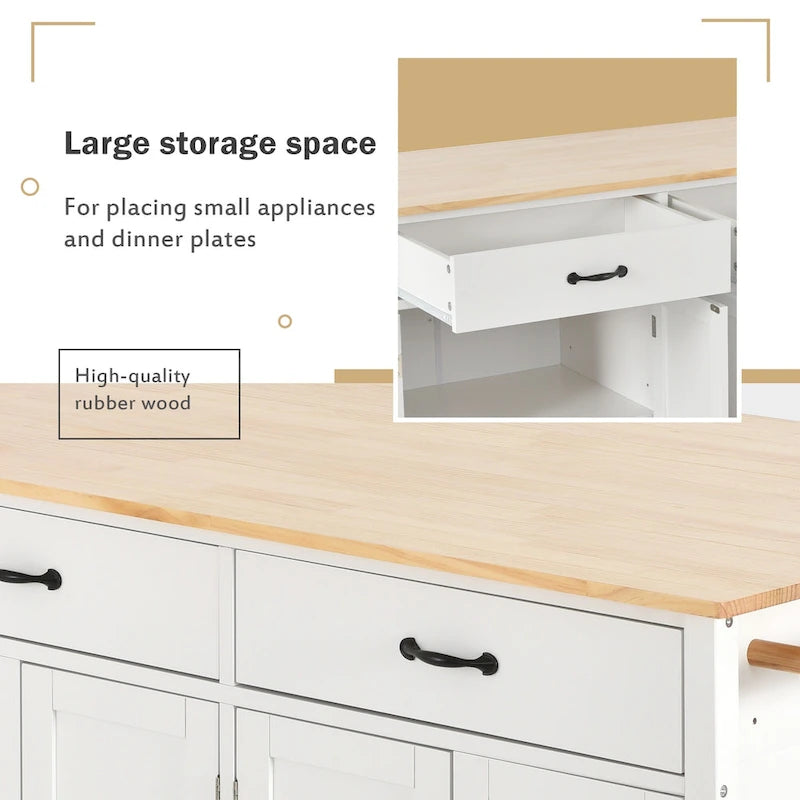 Carrello da Cucina/Isola Essenziale in MDF con Piano in Legno Massello, Ruote Bloccabili e Portaspezie