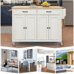 Carrello da Cucina/Isola Essenziale in MDF con Piano in Legno Massello, Ruote Bloccabili e Portaspezie
