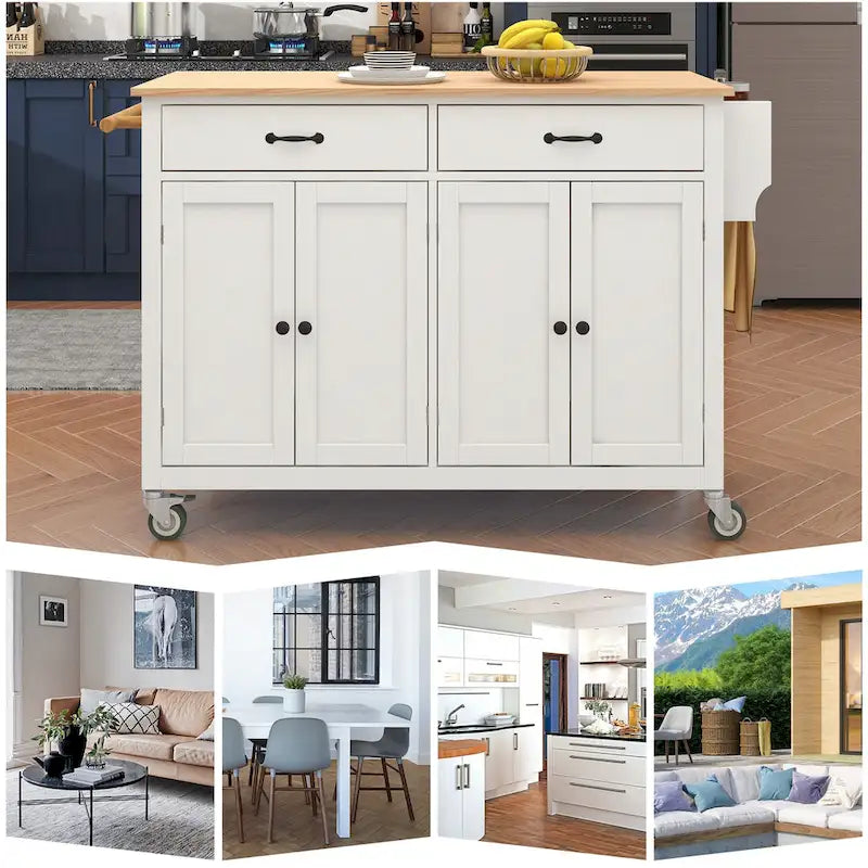 Carrello da Cucina/Isola Essenziale in MDF con Piano in Legno Massello, Ruote Bloccabili e Portaspezie