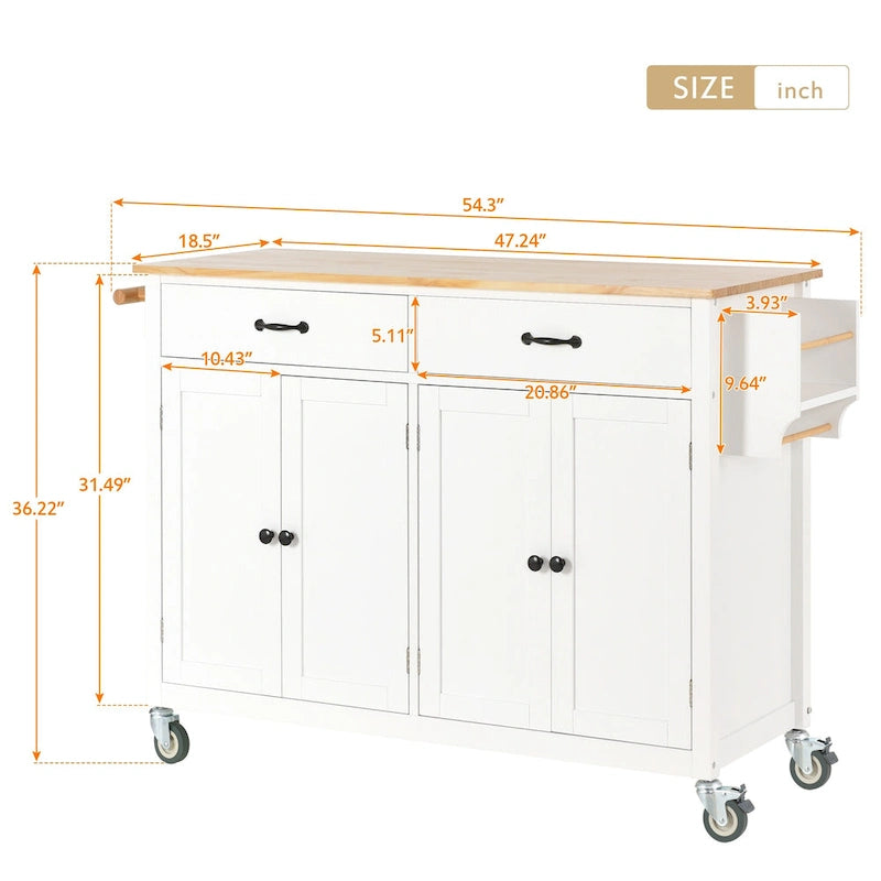 Carrello da Cucina/Isola Essenziale in MDF con Piano in Legno Massello, Ruote Bloccabili e Portaspezie