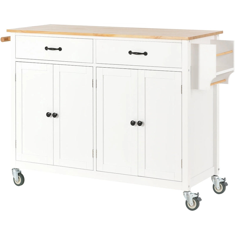Carrello da Cucina/Isola Essenziale in MDF con Piano in Legno Massello, Ruote Bloccabili e Portaspezie