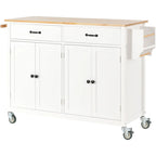 Carrello da Cucina/Isola Essenziale in MDF con Piano in Legno Massello, Ruote Bloccabili e Portaspezie