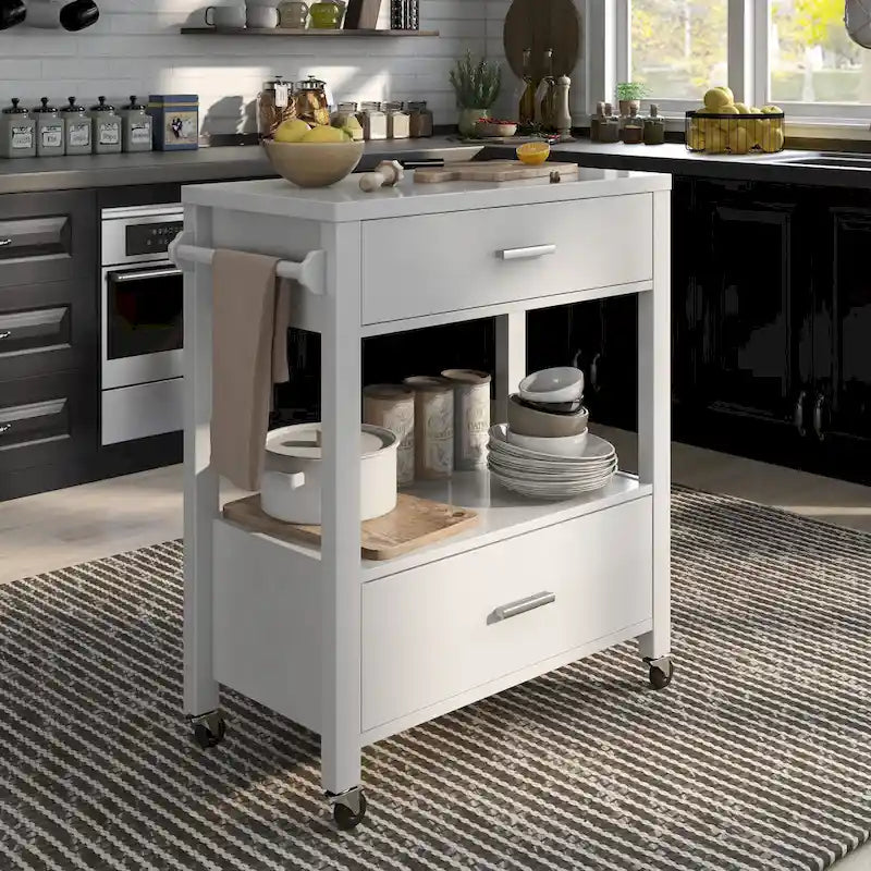 Newsom Modern 2-Drawer Caster Serving Cart with Towel Bar by 