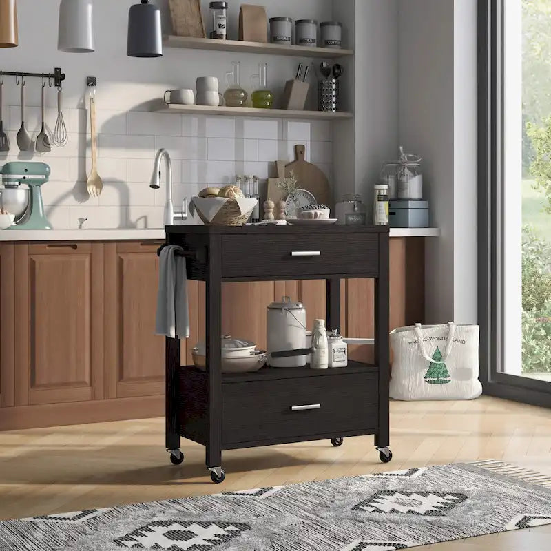 Carrello di servizio moderno a 2 cassetti con ruote e portasalviette