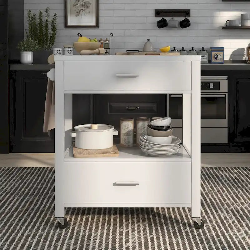 Carrello di servizio moderno a 2 cassetti con ruote e portasalviette