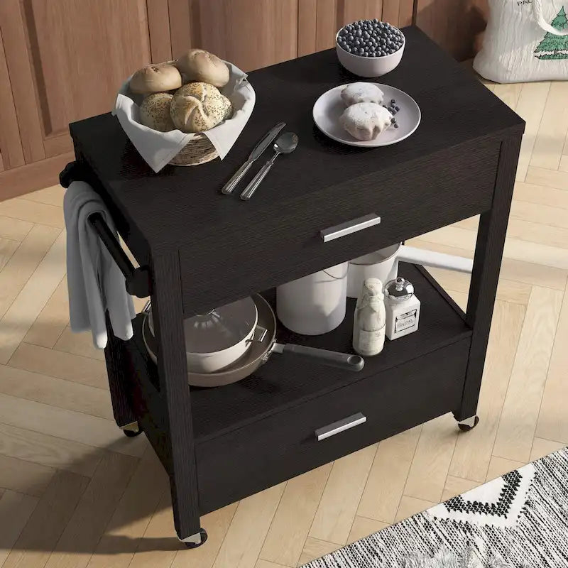 Carrello di servizio moderno a 2 cassetti con ruote e portasalviette