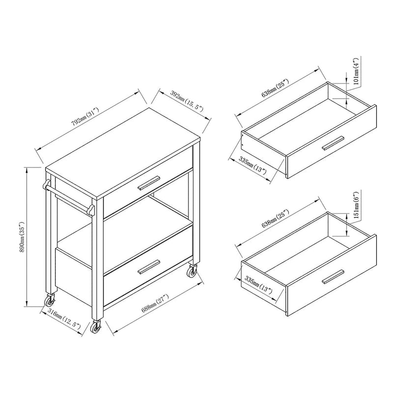 Carrello di servizio moderno a 2 cassetti con ruote e portasalviette
