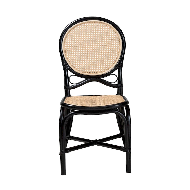 Sedia da pranzo Mid-Century Modern a due tonalità, nera e in rattan marrone naturale