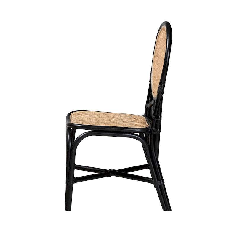Sedia da pranzo Mid-Century Modern a due tonalità, nera e in rattan marrone naturale