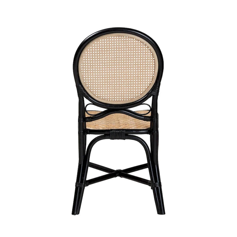 Sedia da pranzo Mid-Century Modern a due tonalità, nera e in rattan marrone naturale