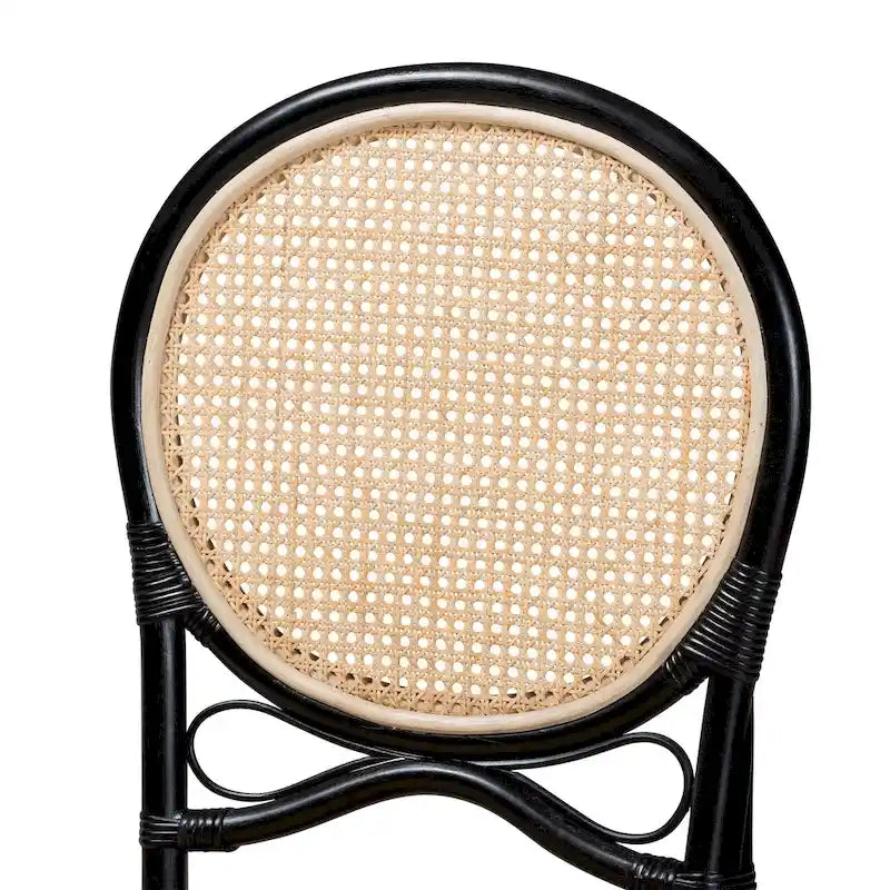 Sedia da pranzo Mid-Century Modern a due tonalità, nera e in rattan marrone naturale