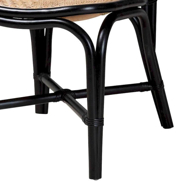Sedia da pranzo Mid-Century Modern a due tonalità, nera e in rattan marrone naturale