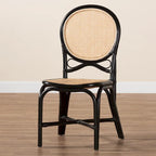 Sedia da pranzo Mid-Century Modern a due tonalità, nera e in rattan marrone naturale