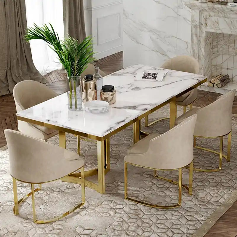 Tavolo da pranzo moderno in marmo con piano rettangolare bianco e gambe in acciaio inossidabile dorato, tavolo da pranzo per 4-6 persone - 63