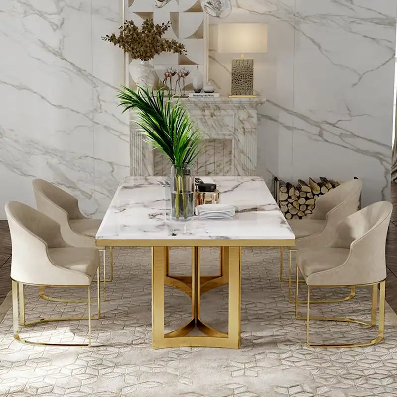 Tavolo da pranzo moderno in marmo con piano rettangolare bianco e gambe in acciaio inossidabile dorato, tavolo da pranzo per 4-6 persone - 63