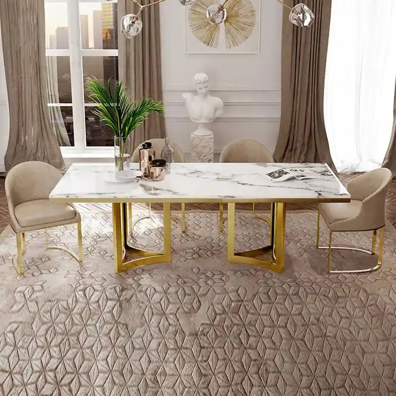 Tavolo da pranzo moderno in marmo con piano rettangolare bianco e gambe in acciaio inossidabile dorato, tavolo da pranzo per 4-6 persone - 63
