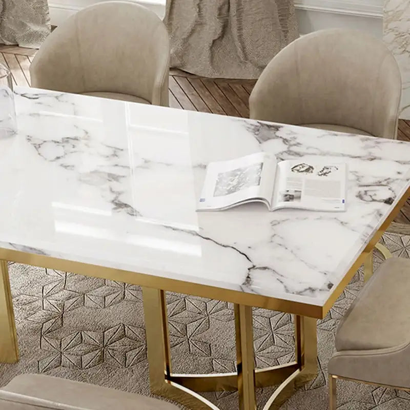 Tavolo da pranzo moderno in marmo con piano rettangolare bianco e gambe in acciaio inossidabile dorato, tavolo da pranzo per 4-6 persone - 63