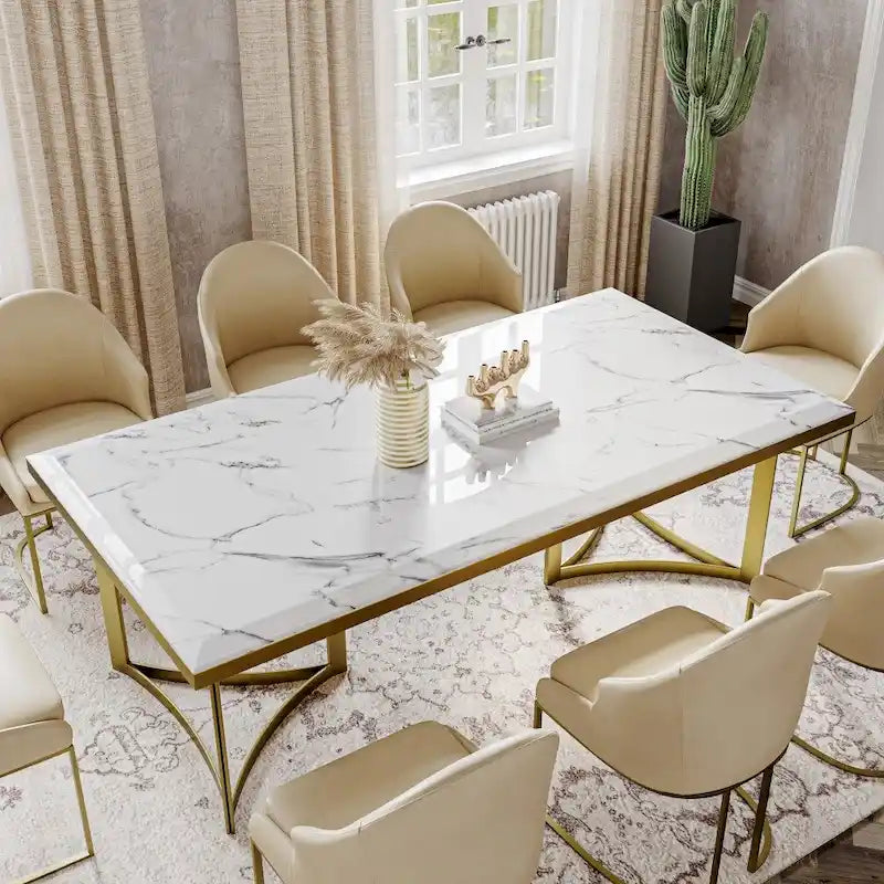 Tavolo da pranzo moderno in marmo con piano rettangolare bianco e gambe in acciaio inossidabile dorato, tavolo da pranzo per 4-6 persone - 63