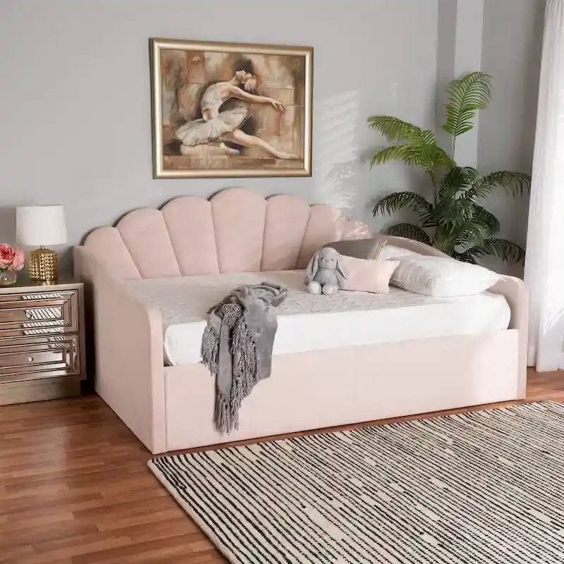 Divano Letto Moderno Rivestito in Velluto - Rosa Chiaro