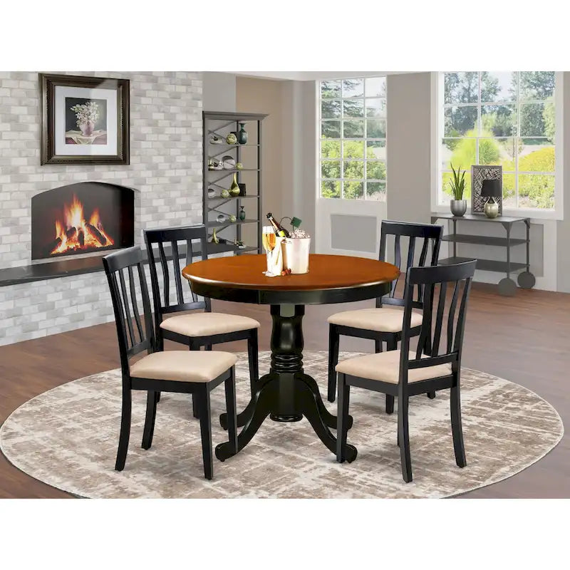  5 Piece Dining Table Set- A Round Kitchen Table and 4 Dining Chairs, Black & Cherry (Seat Options)