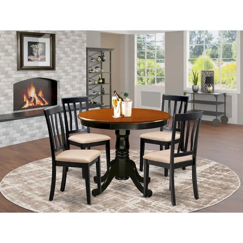  5 Piece Dining Table Set- A Round Kitchen Table and 4 Dining Chairs, Black & Cherry (Seat Options)