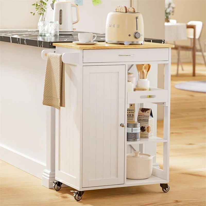 Carrello da Cucina Isola su Ruote con 1 Cassetto, Armadietto Contenitore e Scaffali a 3 Ripiani