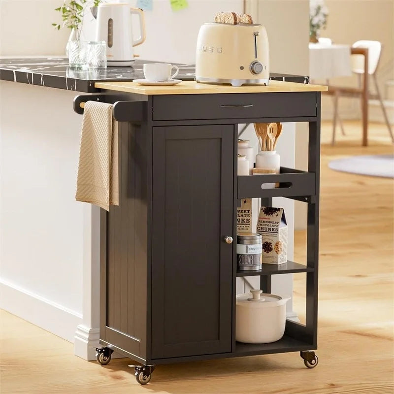 Carrello da Cucina Isola su Ruote con 1 Cassetto, Armadietto Contenitore e Scaffali a 3 Ripiani