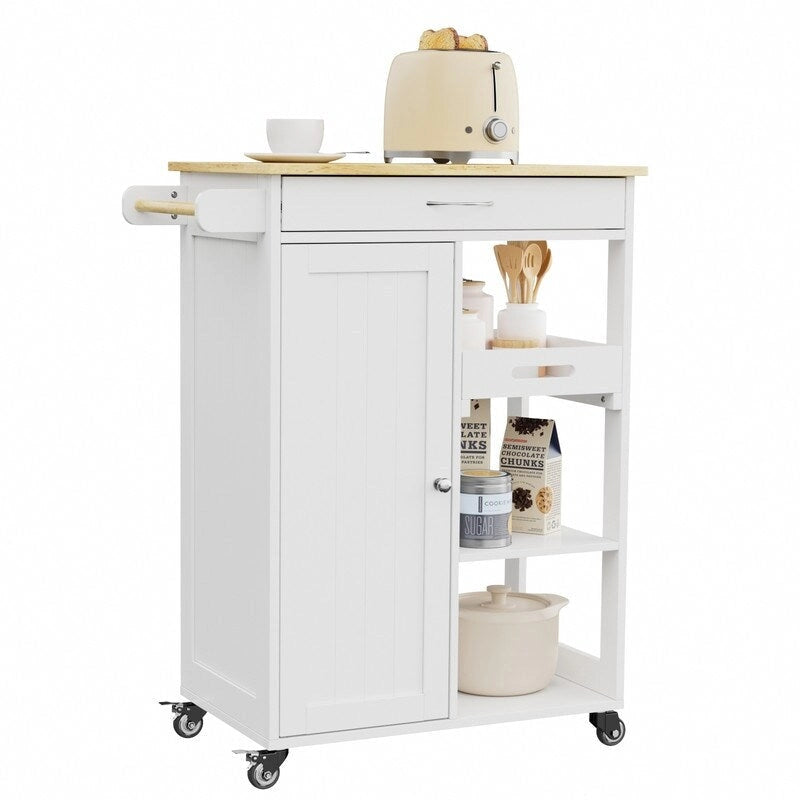 Carrello da Cucina Isola su Ruote con 1 Cassetto, Armadietto Contenitore e Scaffali a 3 Ripiani