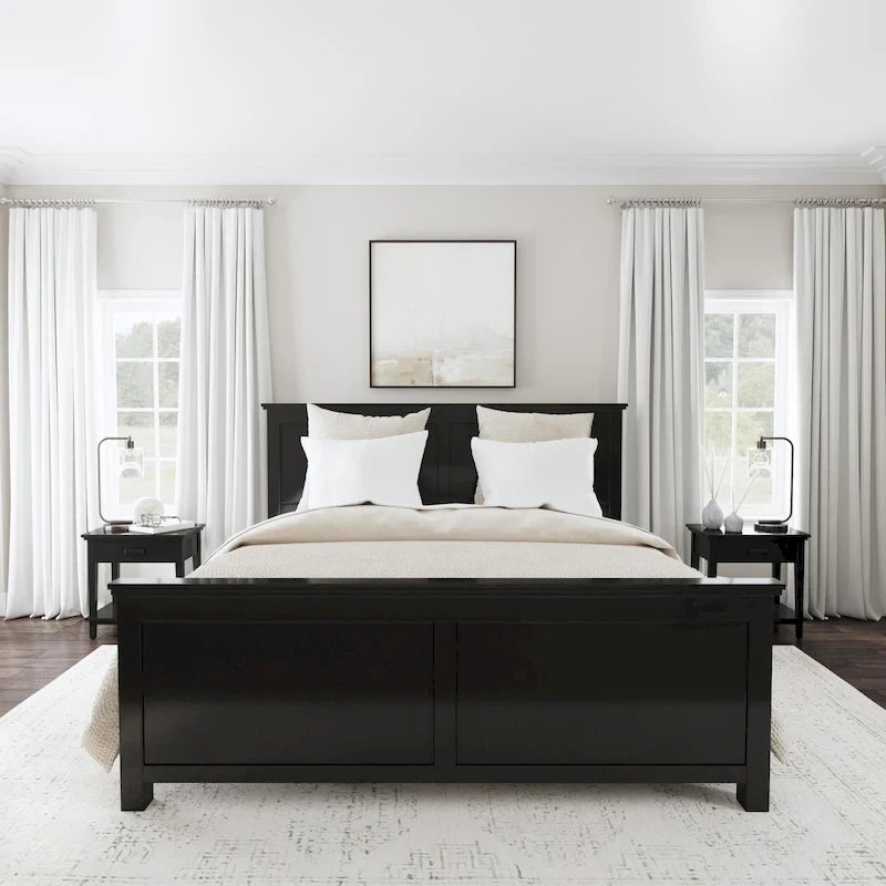 Letto king-size e due comodini in legno nero Oak Park