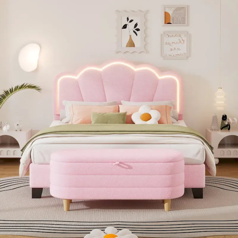 Set Camera da Letto 2 Pezzi Dimensione Matrimoniale, Letto a Piattaforma a Forma di Fiore Rivestito in Tessuto Sherpa con Luci LED e Pouf Contenitore