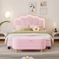 Set Camera da Letto 2 Pezzi Dimensione Matrimoniale, Letto a Piattaforma a Forma di Fiore Rivestito in Tessuto Sherpa con Luci LED e Pouf Contenitore