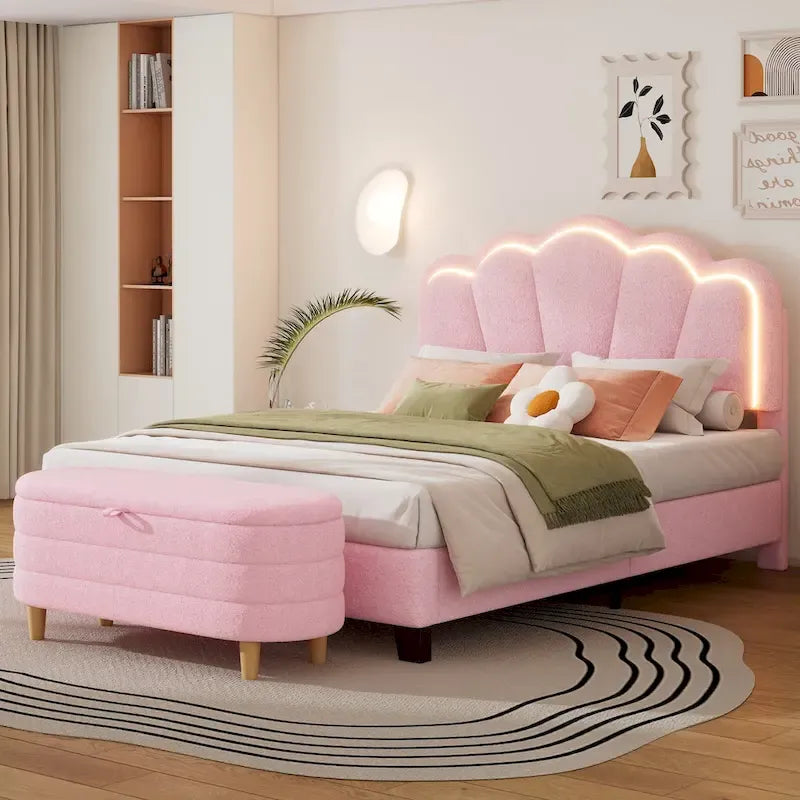 Set Camera da Letto 2 Pezzi Dimensione Matrimoniale, Letto a Piattaforma a Forma di Fiore Rivestito in Tessuto Sherpa con Luci LED e Pouf Contenitore