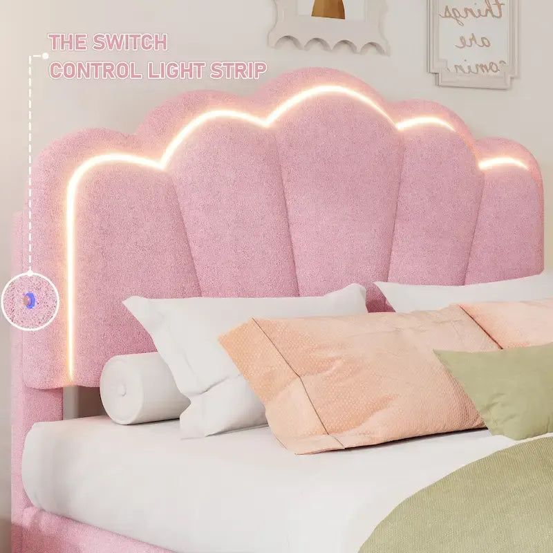 Set Camera da Letto 2 Pezzi Dimensione Matrimoniale, Letto a Piattaforma a Forma di Fiore Rivestito in Tessuto Sherpa con Luci LED e Pouf Contenitore
