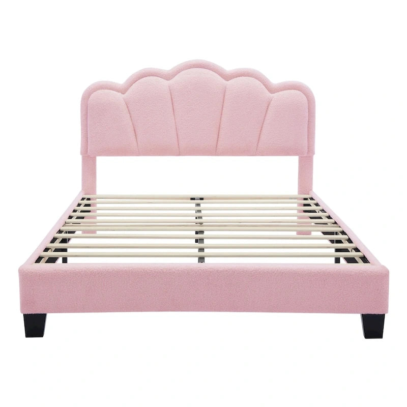 Set Camera da Letto 2 Pezzi Dimensione Matrimoniale, Letto a Piattaforma a Forma di Fiore Rivestito in Tessuto Sherpa con Luci LED e Pouf Contenitore