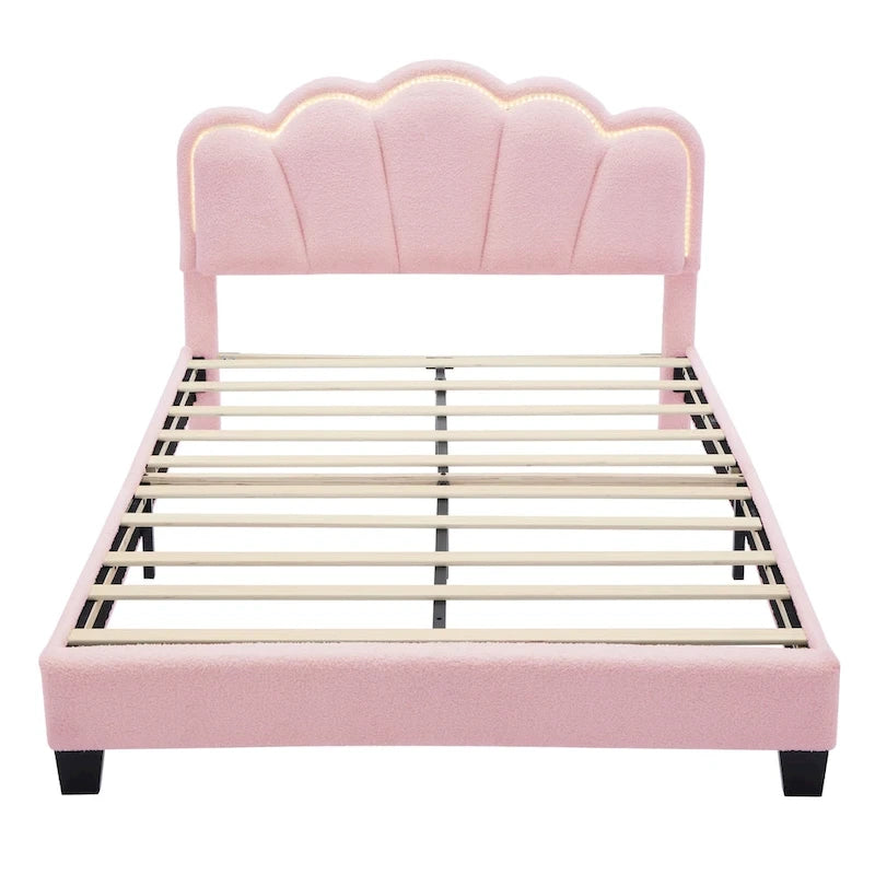 Set Camera da Letto 2 Pezzi Dimensione Matrimoniale, Letto a Piattaforma a Forma di Fiore Rivestito in Tessuto Sherpa con Luci LED e Pouf Contenitore