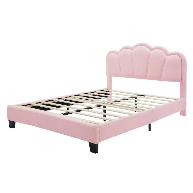 Set Camera da Letto 2 Pezzi Dimensione Matrimoniale, Letto a Piattaforma a Forma di Fiore Rivestito in Tessuto Sherpa con Luci LED e Pouf Contenitore
