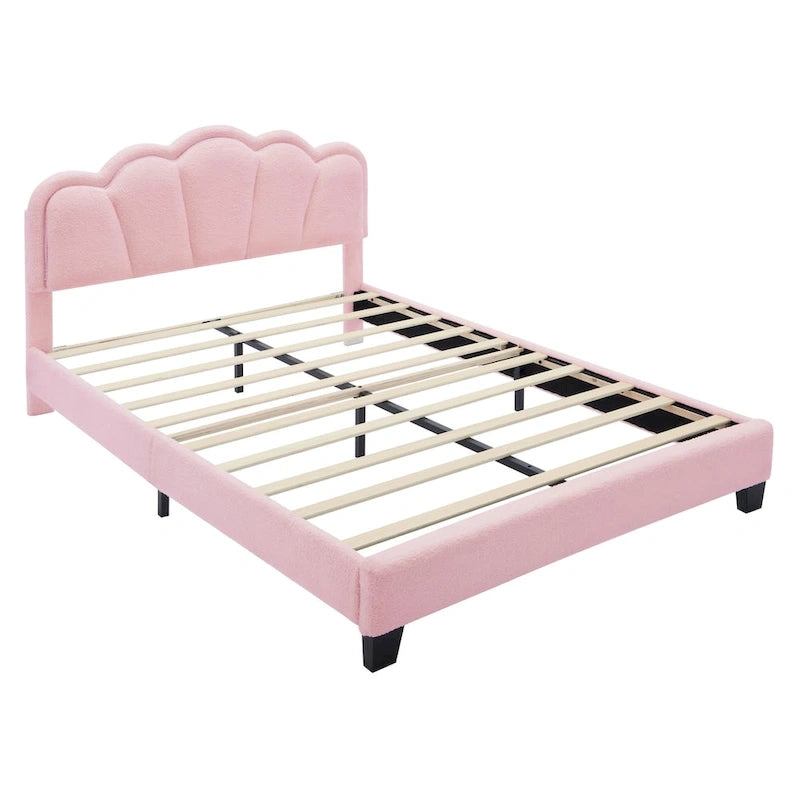 Set Camera da Letto 2 Pezzi Dimensione Matrimoniale, Letto a Piattaforma a Forma di Fiore Rivestito in Tessuto Sherpa con Luci LED e Pouf Contenitore