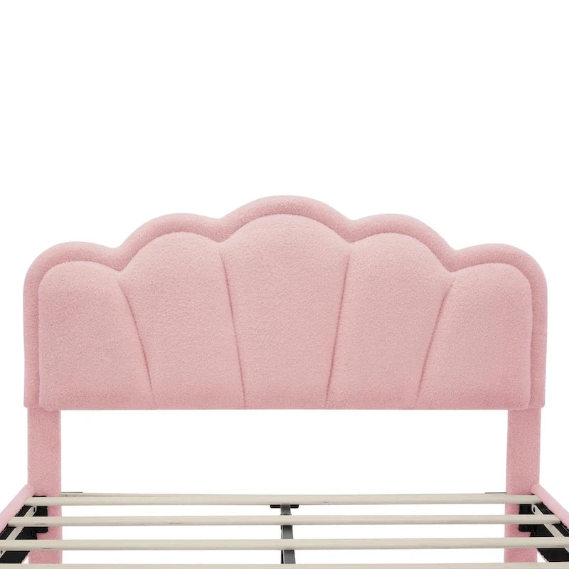 Set Camera da Letto 2 Pezzi Dimensione Matrimoniale, Letto a Piattaforma a Forma di Fiore Rivestito in Tessuto Sherpa con Luci LED e Pouf Contenitore