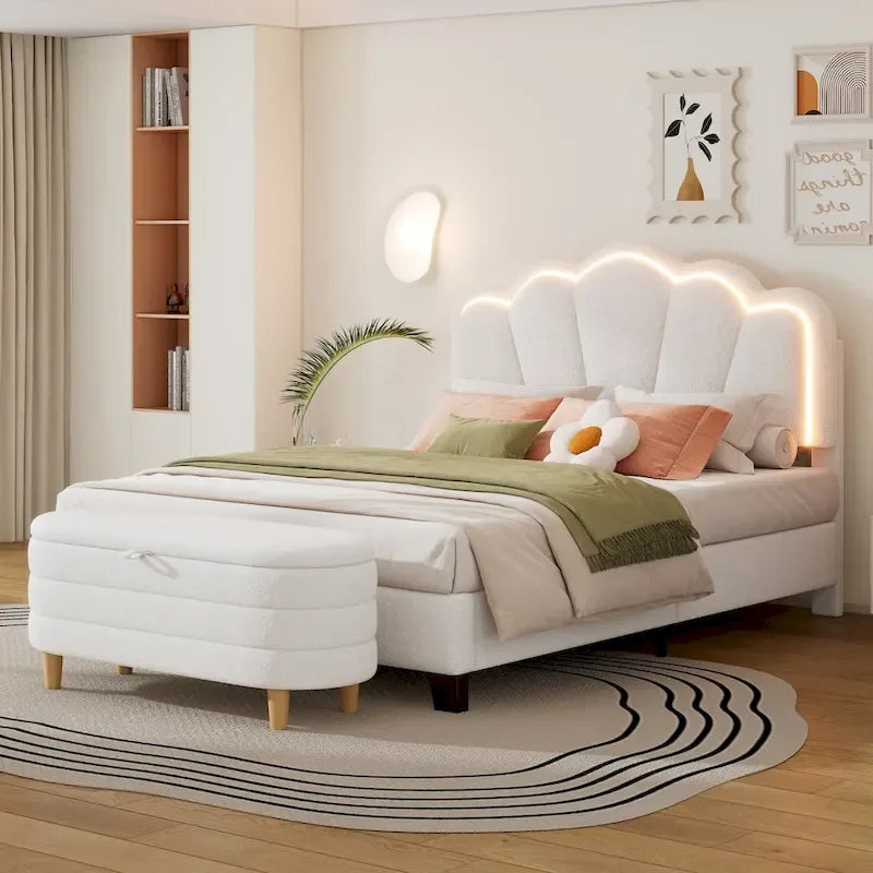 Set Camera da Letto 2 Pezzi Dimensione Matrimoniale, Letto a Piattaforma a Forma di Fiore Rivestito in Tessuto Sherpa con Luci LED e Pouf Contenitore