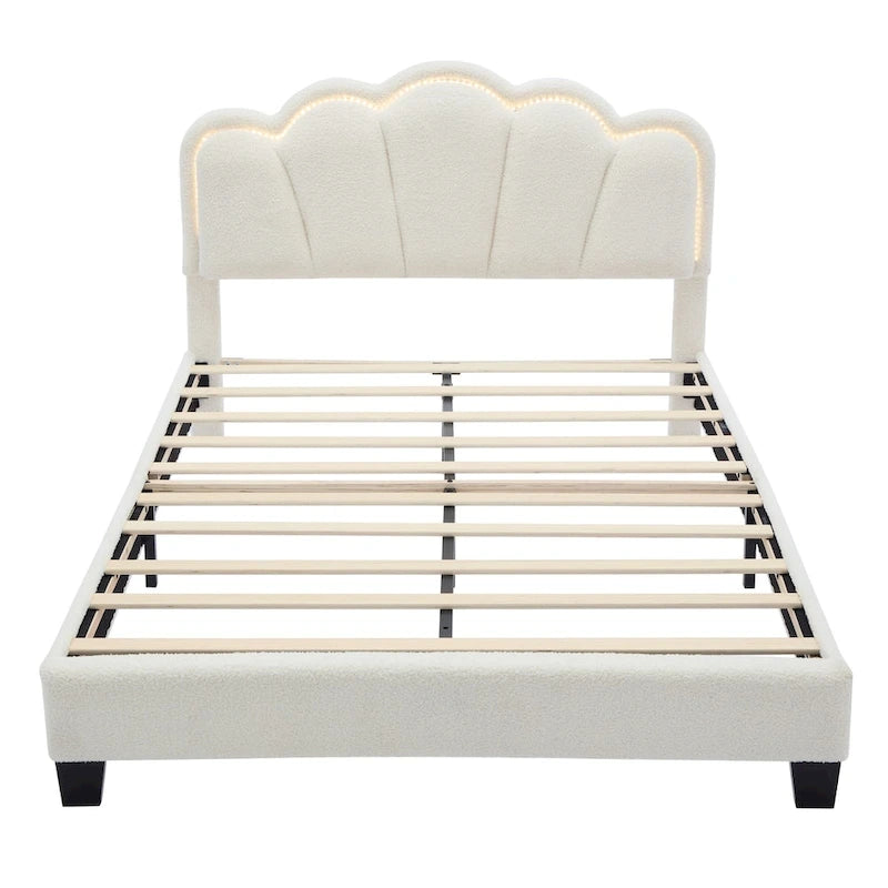 Set Camera da Letto 2 Pezzi Dimensione Matrimoniale, Letto a Piattaforma a Forma di Fiore Rivestito in Tessuto Sherpa con Luci LED e Pouf Contenitore